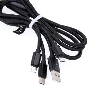Maxlife OEM-001520 3in1 nylon micro-USB/ C-típus/iPhone 8-tűs gyorstöltő kábel 1m
