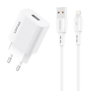 Vipfan E01S-LT USB-A Hálózati töltő + Lightning kábel – Fehér (12W)